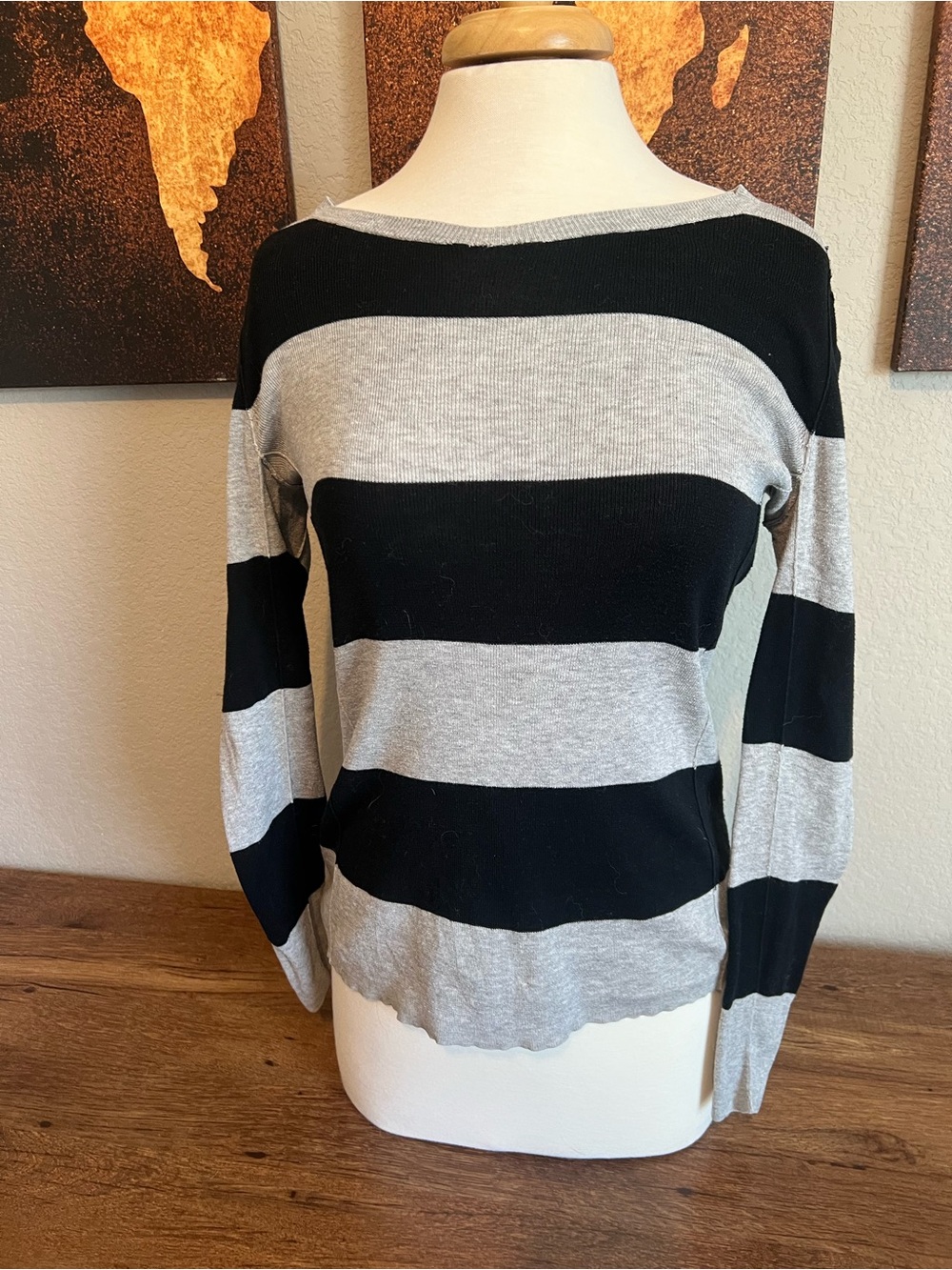 Banana Republic Black and Light Gray Striped Crewneck Sweater